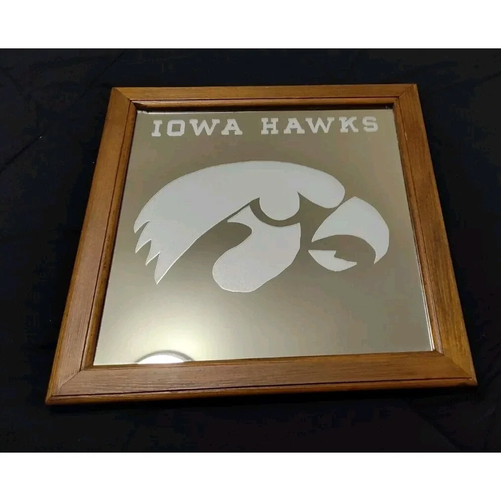 IOWA HAWKEYES 1980s MIRROR VTG homemade 14in X 14in Wood SEE B8.0MA2144